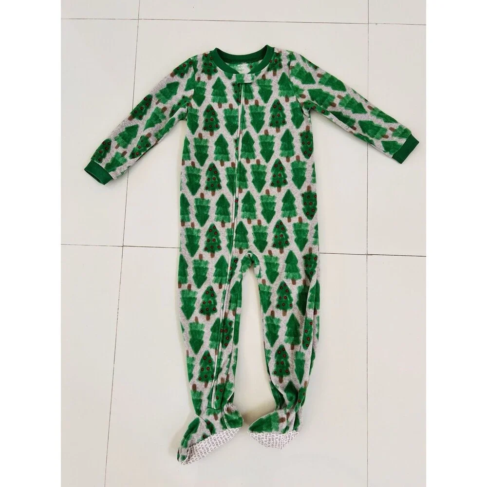 Fleece Footed Pajama Pjs One Piece Sleeper Christmas Tree Zip Footie Cozy 5T 5
